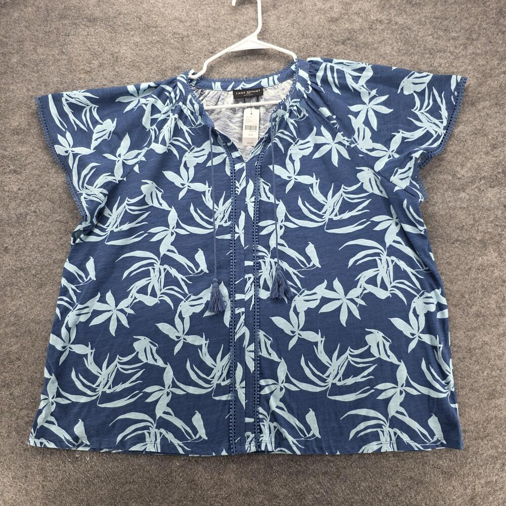 Lane Bryant Shirt Womens 22/24 Blue Boho Peasant Tassel Tie Pom Trim Tropical